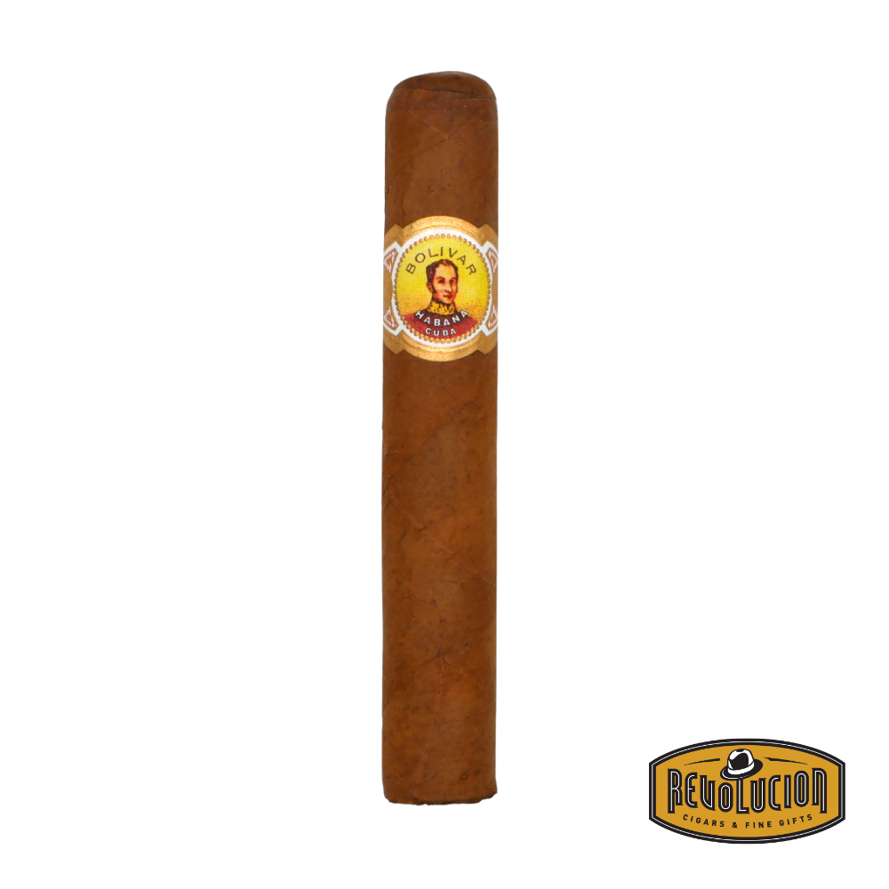 Bolivar Royal Corona H/M Robusto Cuban cigar on a white background with the Revolucion logo, featuring a medium-full strength profile and classic Cuban band.