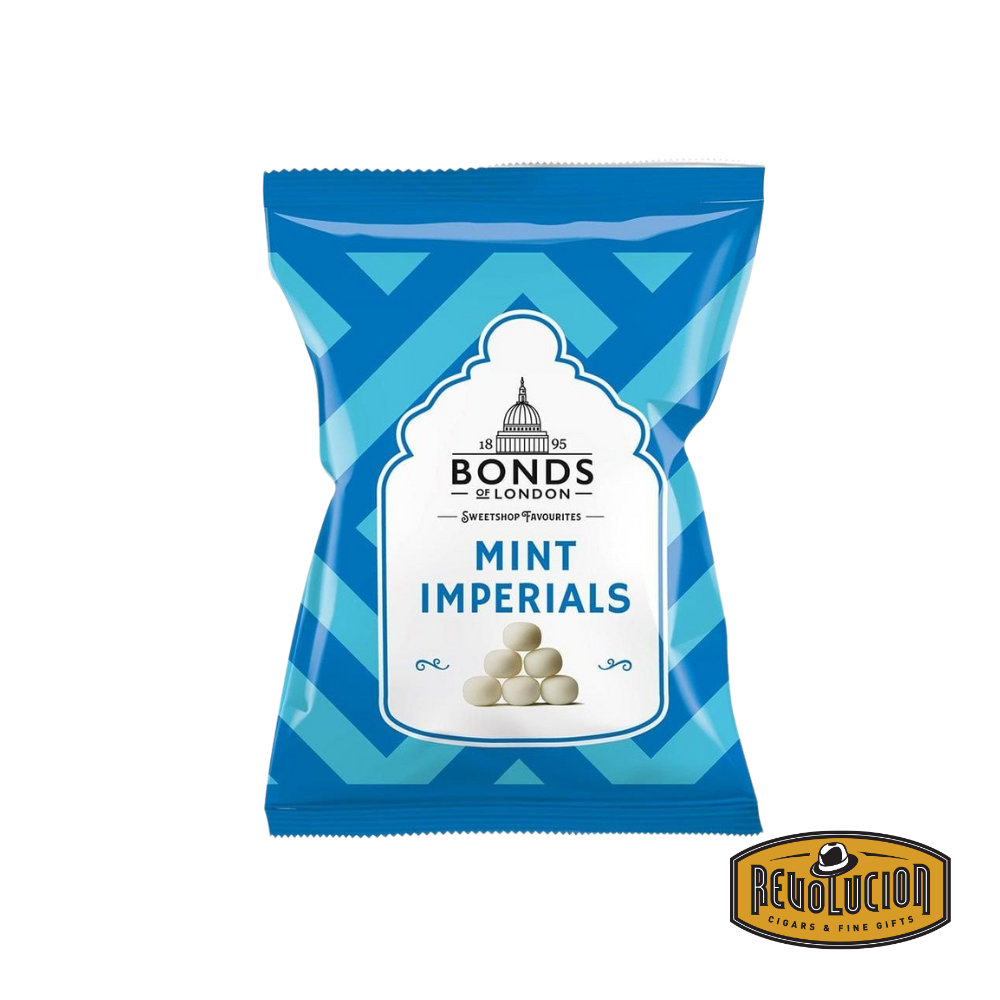 Bonds Mint Imperials candy bag with British price marking, showing white mint candies through packaging.