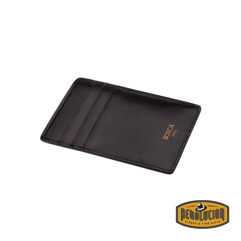 Bosca Deluxe Front Pocket Wallet in classic black leather, featuring a slim and elegant design for convenient front-pocket carry.