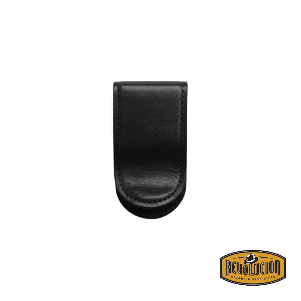 Bosca Leather Covered Money Clip in Black, featuring a sleek and compact design with high-quality black leather wrapping around a sturdy metal core. A refined accessory for securely holding cash with a touch of sophistication.