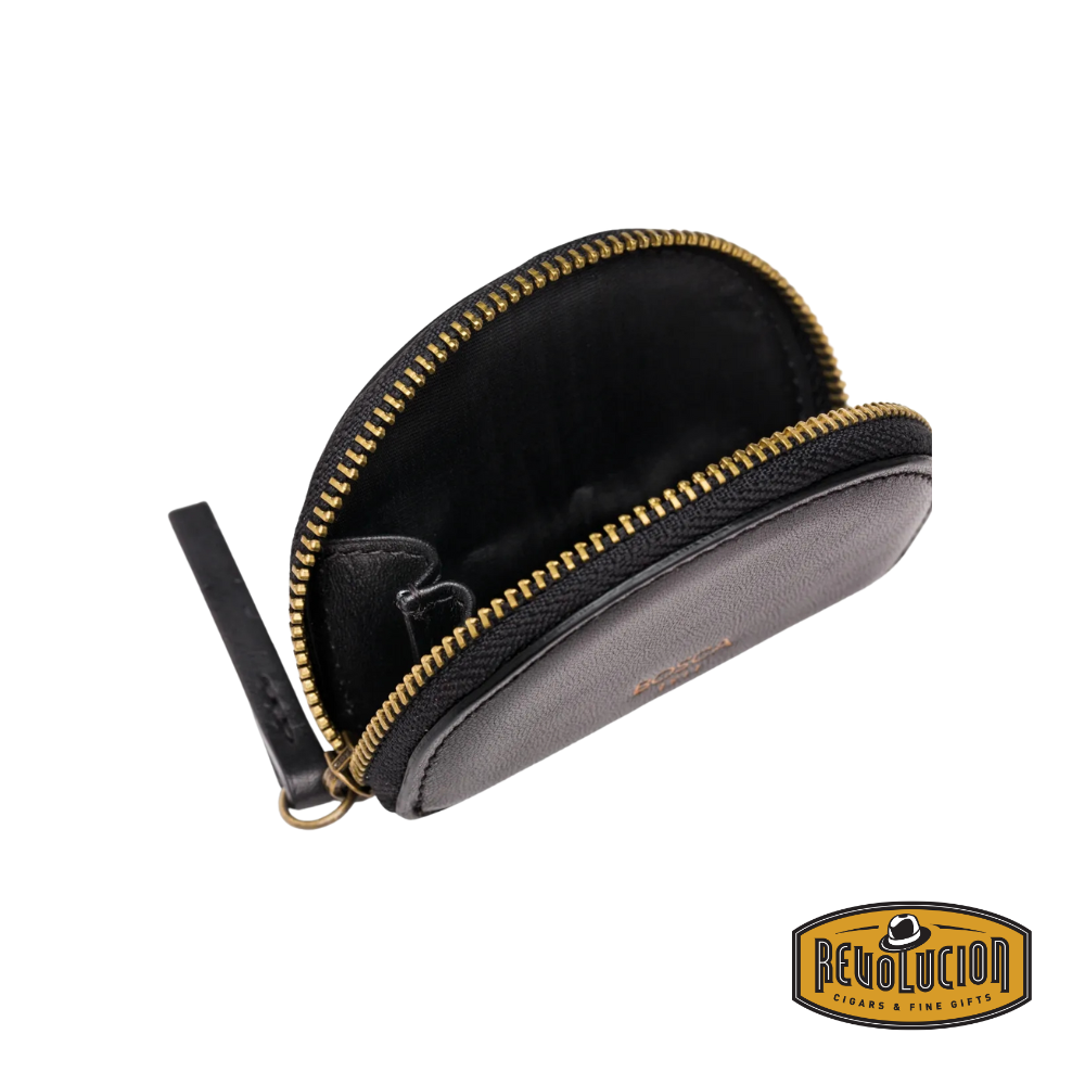 Black leather Bosca coin purse with a secure zipper closure, featuring a key fob attachment for added functionality, shown in a sleek and modern design.