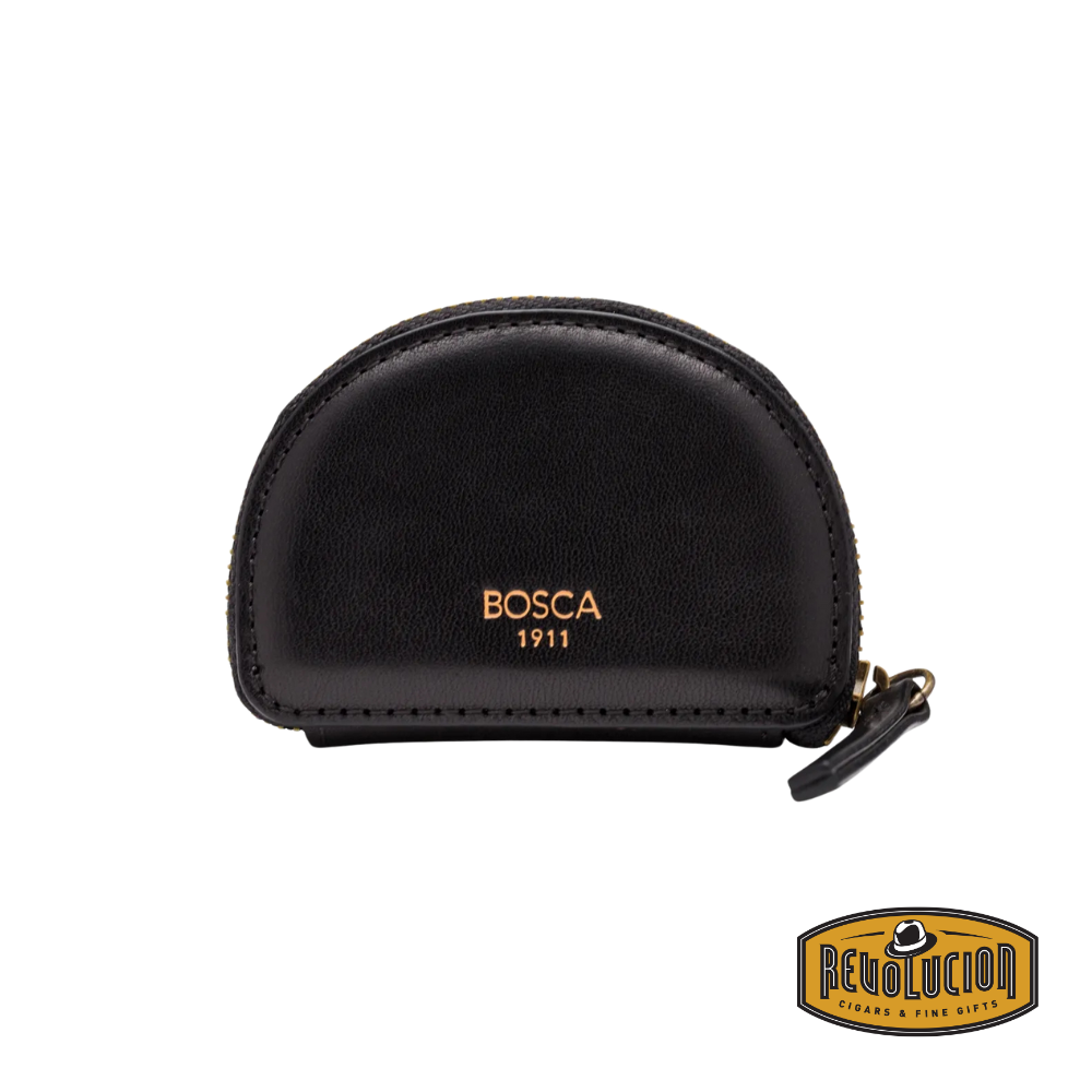 Black leather Bosca coin purse with a secure zipper closure, featuring a key fob attachment for added functionality, shown in a sleek and modern design.