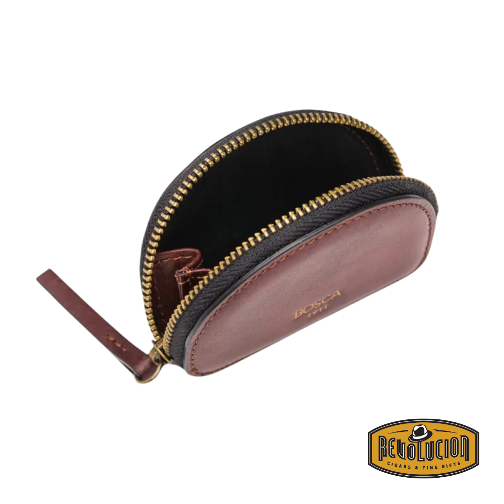 Opened Bosca Unisex Zipper Leather Coin Purse in Dark Brown, showing a spacious interior ideal for organizing coins, keys, and other small items.