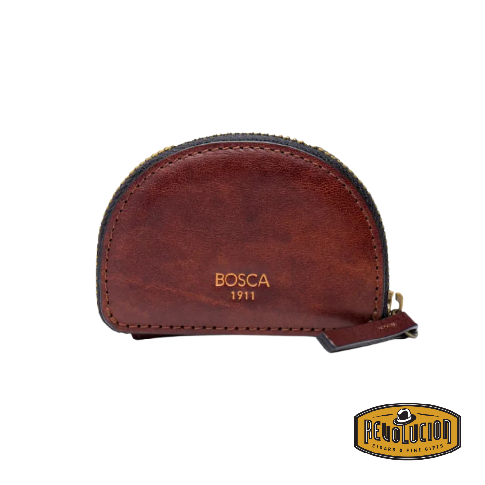 Dark brown leather Bosca coin purse with a secure zipper closure, featuring a key fob attachment for enhanced functionality and convenience.
