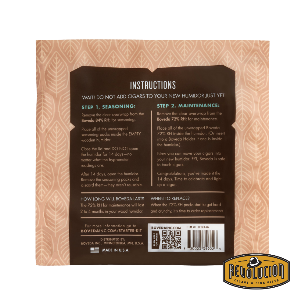 Boveda Starter Kit Back – product details, usage instructions, and information on two-way humidity control for cigars.