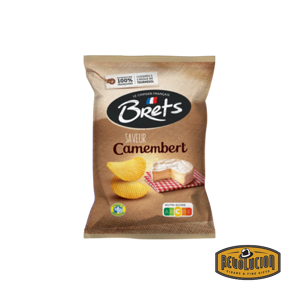 Bag of Brets Camembert Chips with French packaging design, showcasing a wedge of creamy Camembert cheese and golden potato chips on the front.