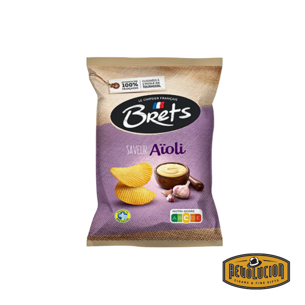 Bag of Brets Aioli Chips featuring French branding and garlic aioli imagery, emphasizing the savory flavor of these kettle-cooked potato chips.