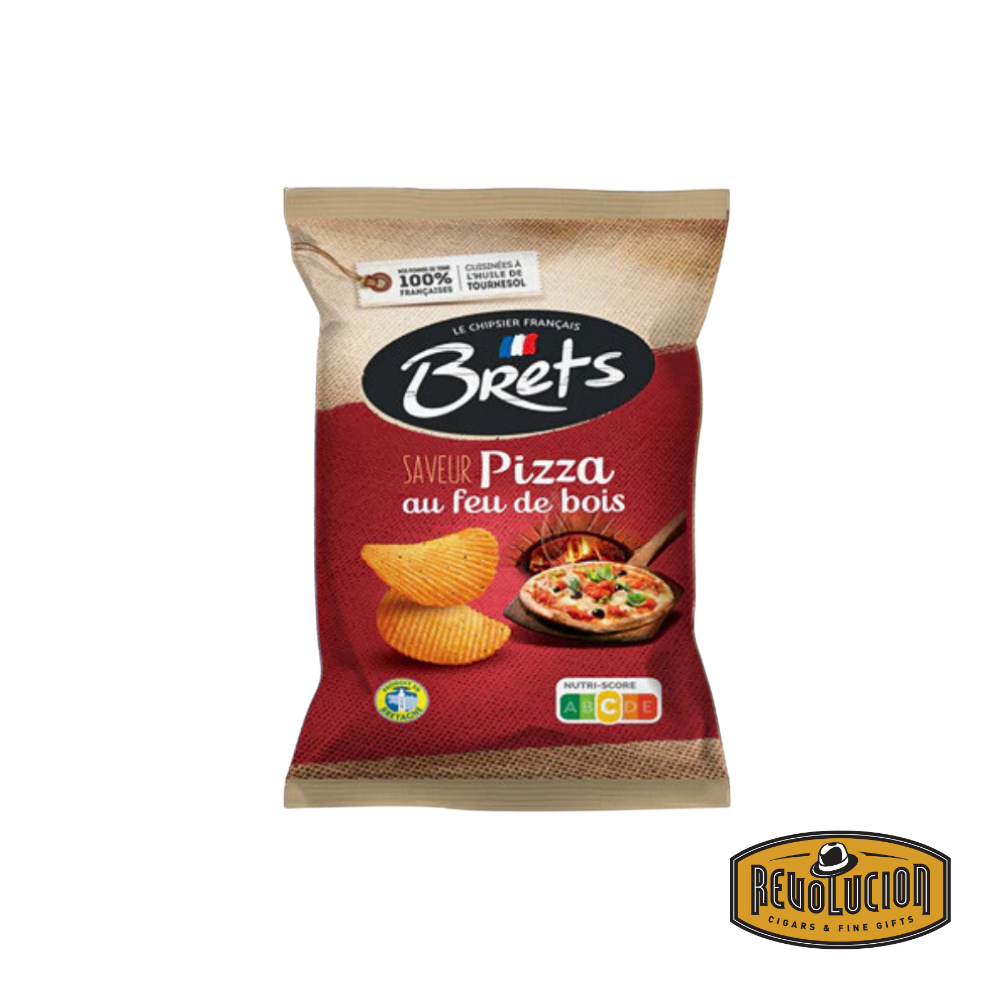 Bag of Brets Pizza Flavour Wood Fire Chips with a rustic design, showcasing imagery of a wood-fired pizza, flames, and golden crispy chips.