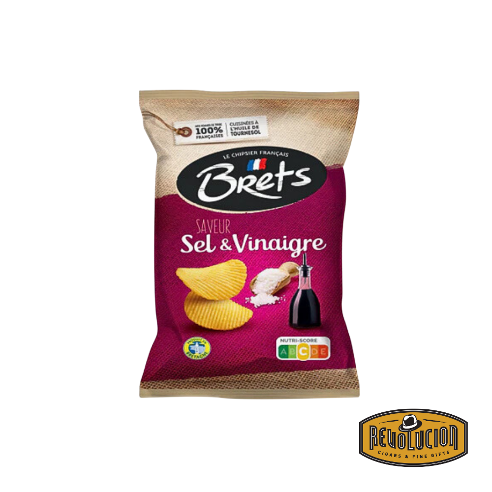 Bag of Brets Salt and Vinegar Chips featuring a sleek design with crisp potato chips and a visual hint of salt crystals and vinegar.