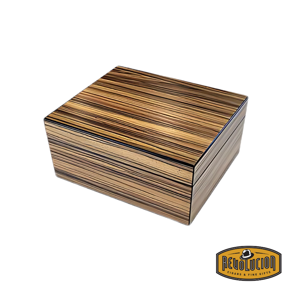 Brigham Celestial Matte Finish Cigar Humidor - 50 Count in a striking zebrawood finish, offering a bold and unique grain pattern for a modern aesthetic.