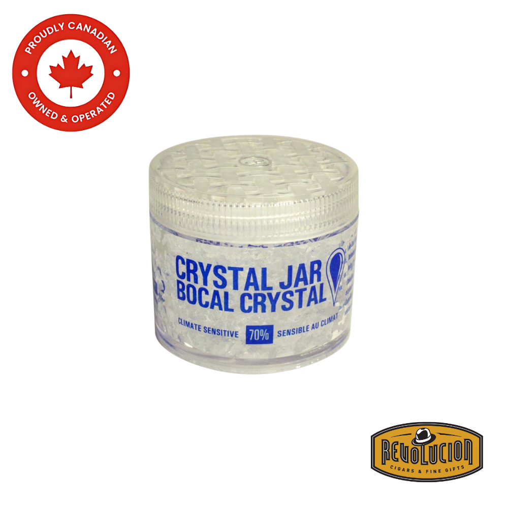 Brigham Crystal Jar filled with humidification crystals, designed for maintaining ideal humidity levels in cigar humidors.