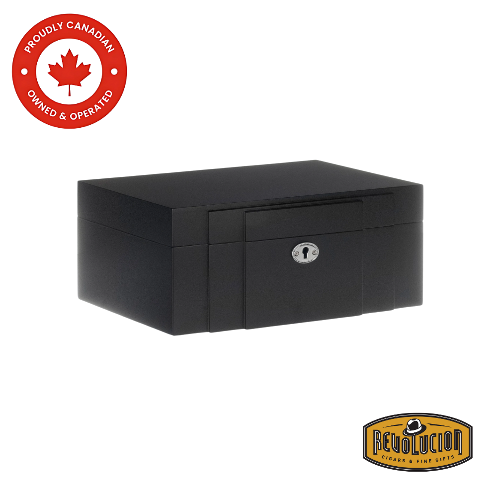 Brigham Eclipse Cigar Humidor 50 Count in a sleek black finish, featuring a modern design for premium cigar storage and preservation.