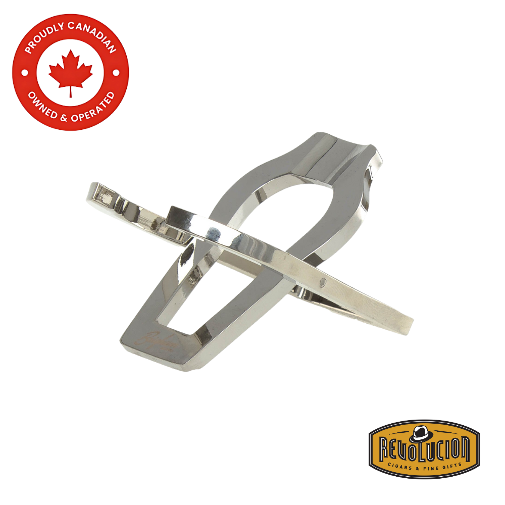 Sleek and portable Brigham folding metal pipe stand made of polished stainless steel, designed to securely hold your pipe upright while offering a compact, foldable design ideal for travel or everyday use.