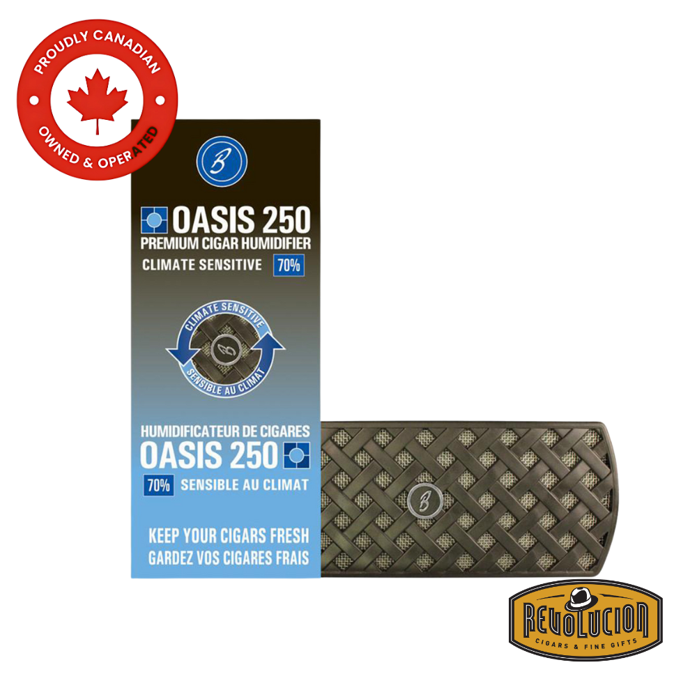 Brigham Humidifier Crystal Oasis 250 featuring a compact transparent container filled with moisture-retaining polymer crystals designed for cigar humidors.