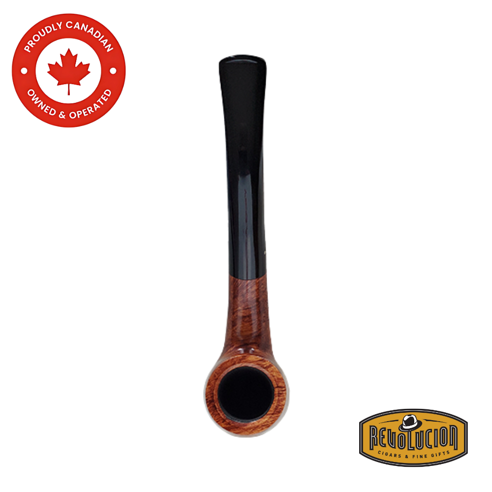 Side profile of the Brigham Mountaineer #23 Smoking Pipe, emphasizing the elegant bent shape and warm, polished wooden bowl.