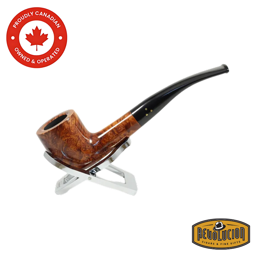 Side profile of the Brigham Mountaineer #23 Smoking Pipe, emphasizing the elegant bent shape and warm, polished wooden bowl.
