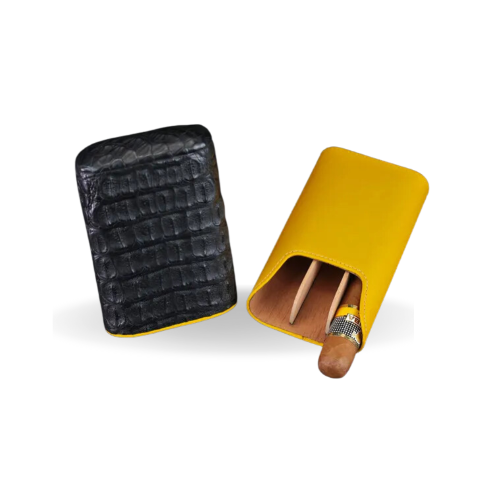 The "Show Band" 3 Cigar Case - Genuine Black Caiman Alligator and Yellow Leather