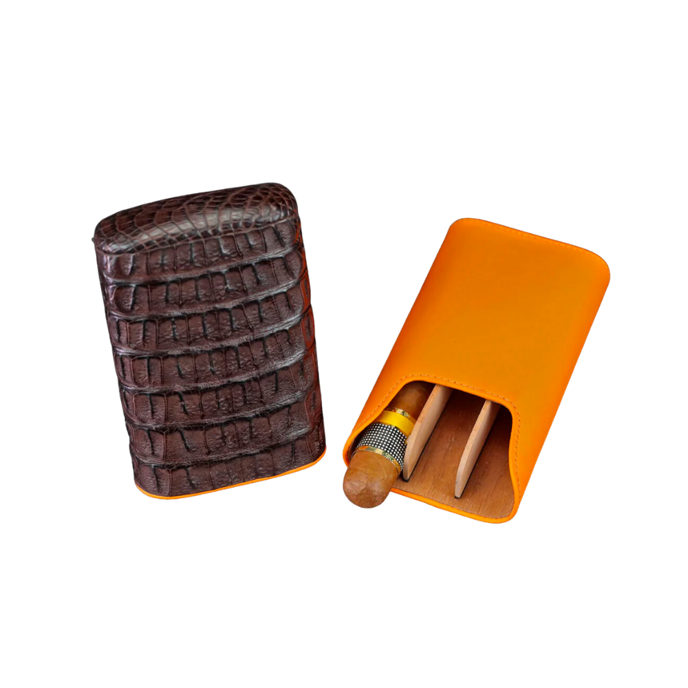 Brizard &amp; Co Show Band 3 Cigar Case - Genuine Caiman Tobacco &amp; Racing Orange