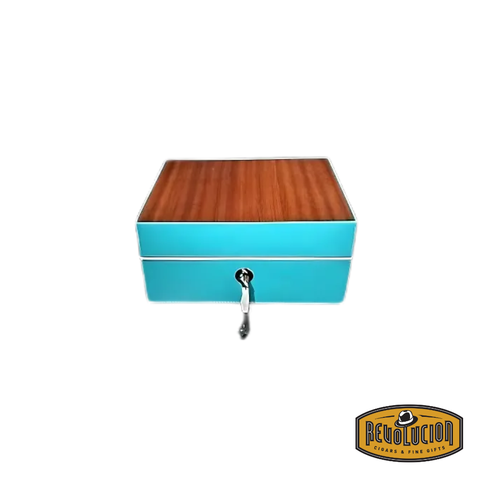 Brizard & Co Airflow Cigar Humidor 60 Count - Positano, featuring a striking turquoise and African mahogany finish, designed for optimal cigar preservation with an advanced airflow system.