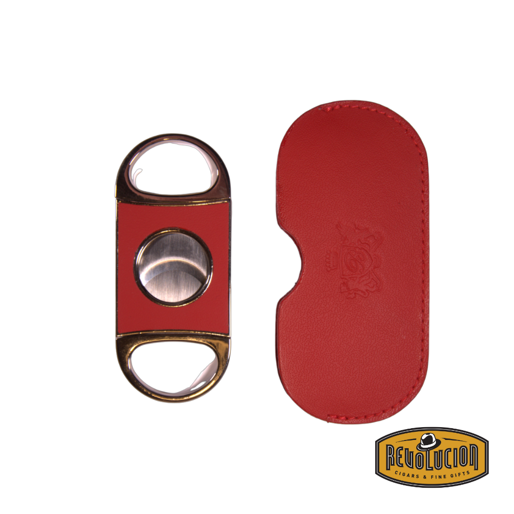 Brizard & Co. Double Guillotine II Cigar Cutter with a racing red leather finish, elegantly positioned next to its matching leather case for a luxurious touch.