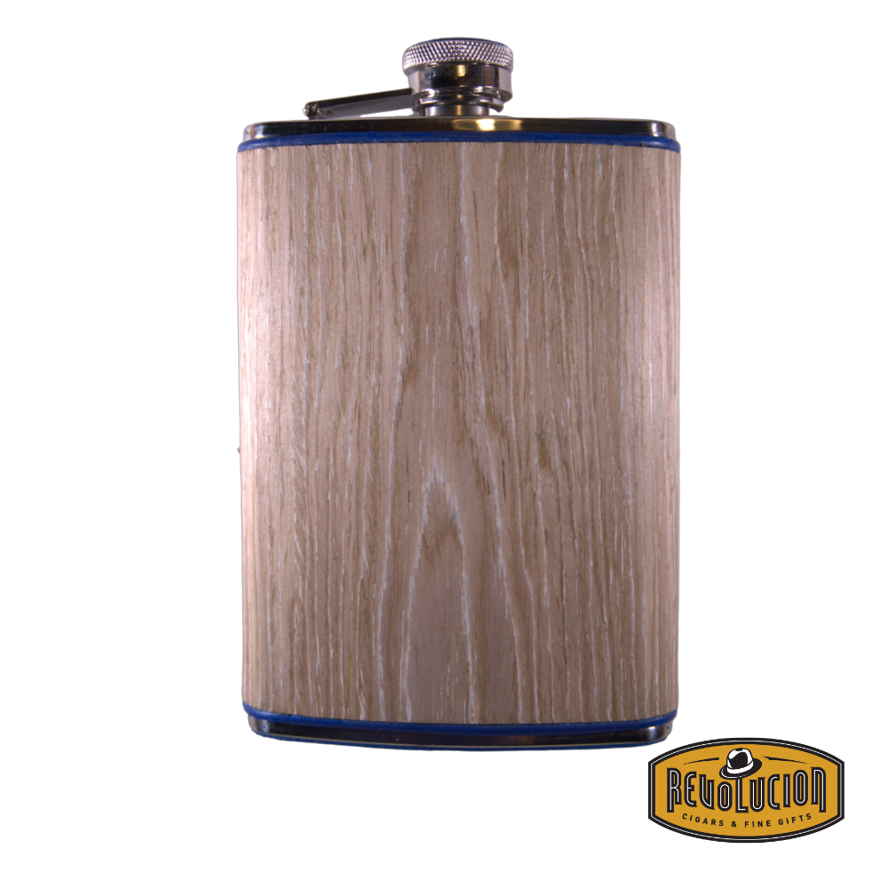Stylish flask featuring a bleached oak wood finish, accented with royal blue trim and a secure screw-on cap. Includes the Revolucion Cigars & Fine Gifts logo.