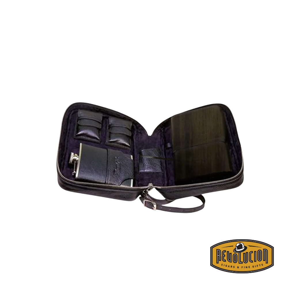 An open Brizard &amp; Co Havana Cigar Traveler - Black Ebony, showcasing compartments for a cigar cutter, lighter, flask, and cigar case, all elegantly arranged in a premium black ebony wood case.