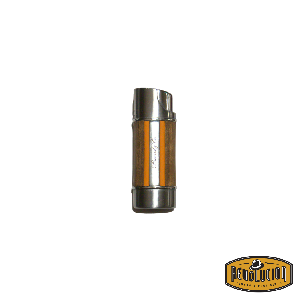 Brizard &amp; Co Nano Single Flame Lighter in Curly Walnut &amp; Racing Orange, an elegant blend of craftsmanship and performance.