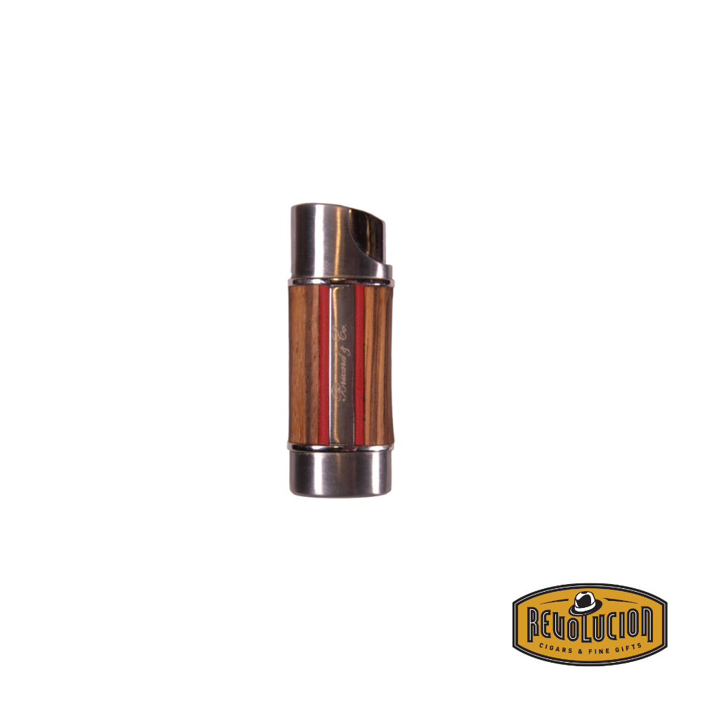 Brizard &amp; Co Nano Single Flame Lighter in Zebrawood &amp; Racing Red, featuring a refined wooden finish and precision jet flame.
