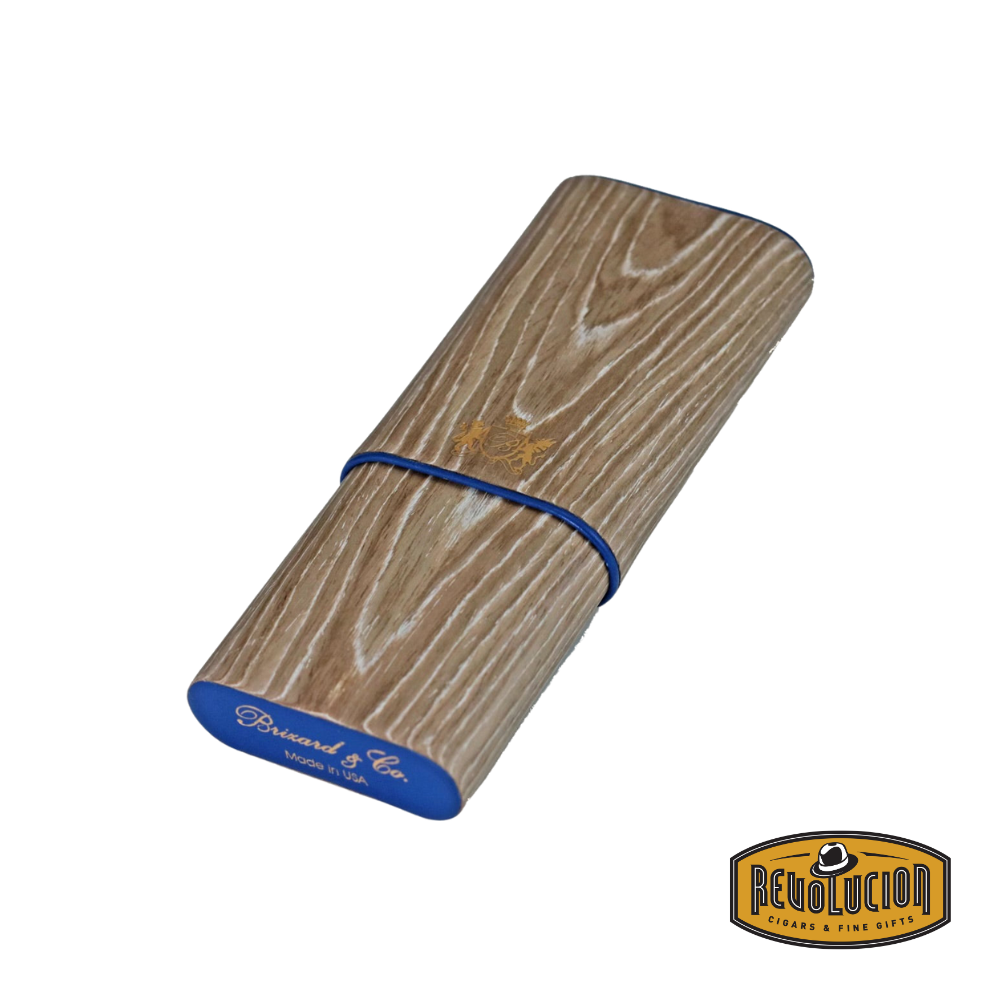 Brizard & Co Show Band 3 Cigar Case - Bleached Oak & Royal Blue, opened, displaying its spacious interior designed to hold three cigars securely.