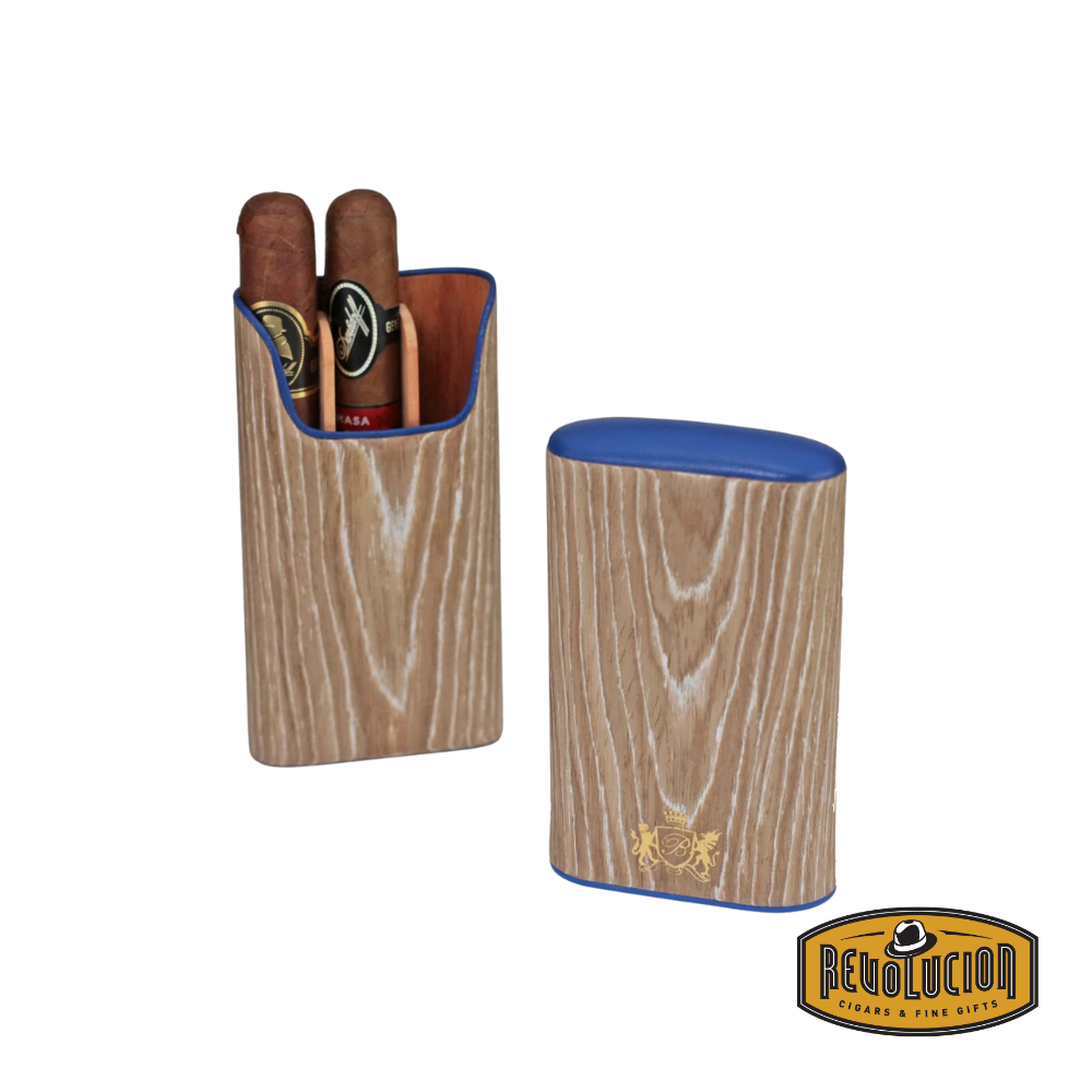 Brizard & Co Show Band 3 Cigar Case - Bleached Oak & Royal Blue, opened, displaying its spacious interior designed to hold three cigars securely.