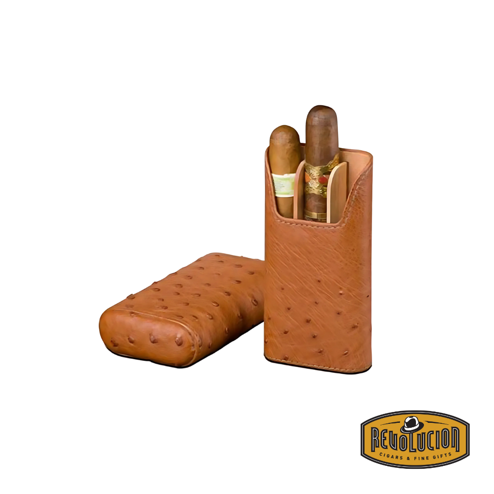 An open Brizard & Co Show Band 3 Cigar Case - Ostrich Cognac, crafted from genuine ostrich leather, displaying three cigars with their bands visible.