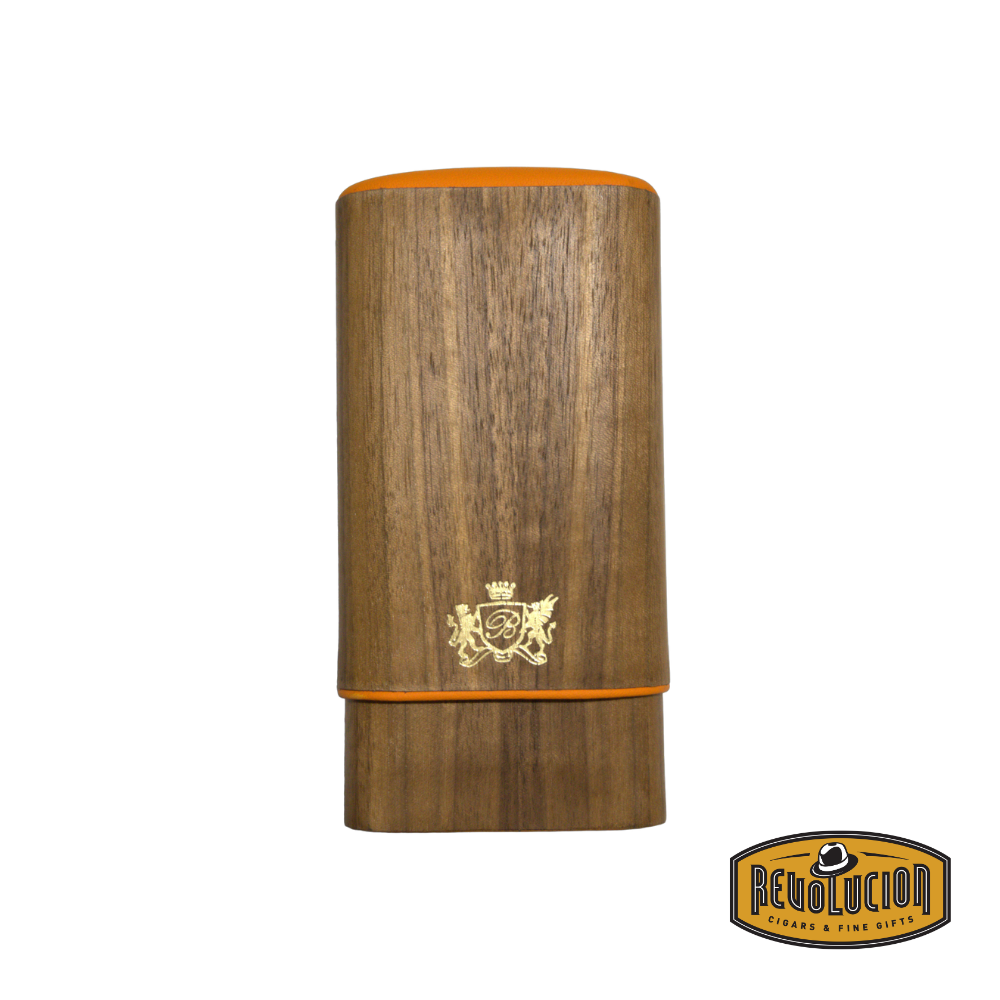Brizard & Co Show Band 3 Cigar Case - Curly Walnut & Racing Orange, front view, highlighting its elegant wood grain and vibrant leather design.