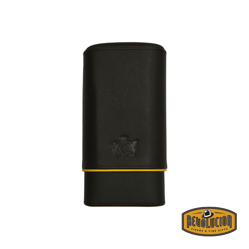 Brizard & Co Show Band 3 Cigar Case - Racing Black & Yellow, front view, showcasing its black leather body with striking yellow detailing.