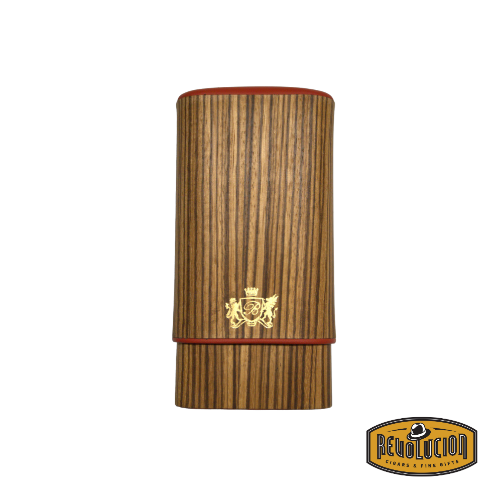 Brizard & Co Show Band 3 Cigar Case - Zebrawood & Racing Red, front view, highlighting the contrast between the rich zebrawood and vibrant red leather.