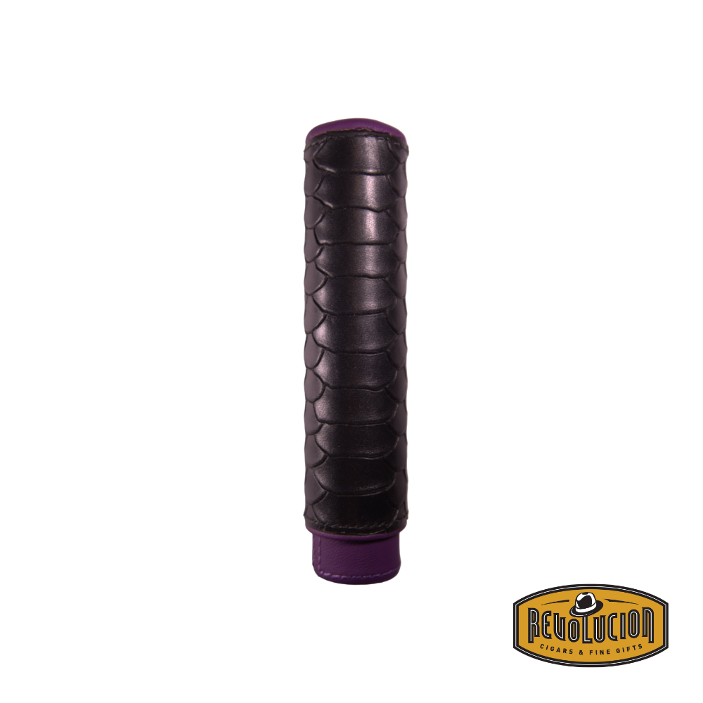 Brizard & Co Single Cigar Tube - Black Python & Purple, front view showcasing its textured black python leather exterior with a striking purple accent.