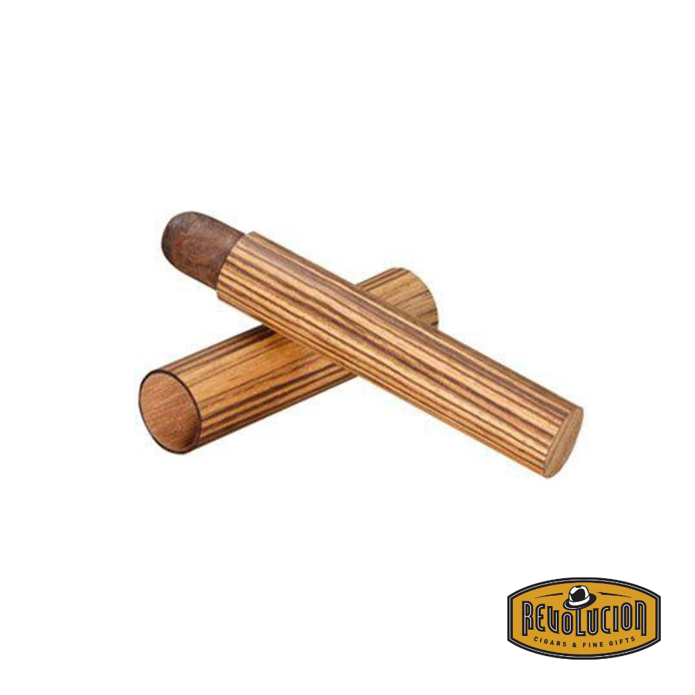 Brizard & Co Single Cigar Tube - Zebrawood, opened, revealing a cigar inside its finely crafted wooden body with a secure cap.