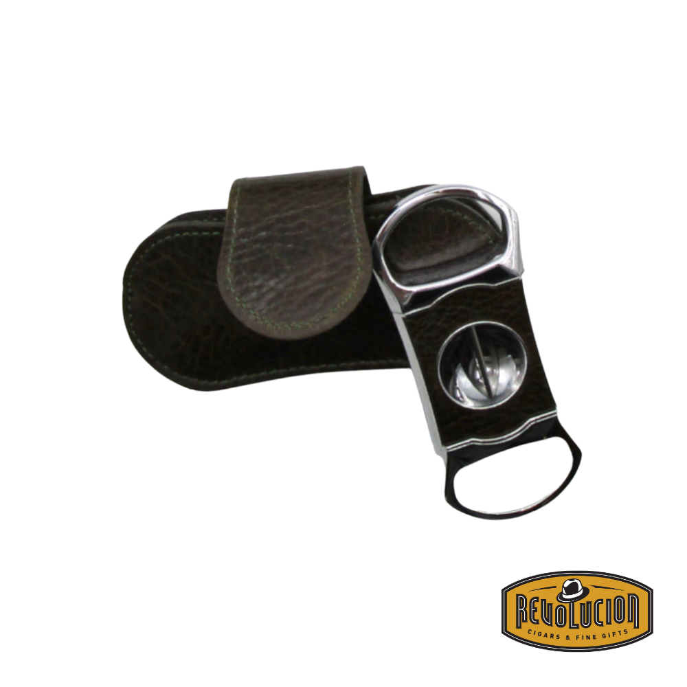 Brizard & Co. "V" Cigar Cutter - Antique Olive and Wood next to its elegant leather case, showcasing a wood-accented design with a precision V-cut blade for a flawless cigar experience.