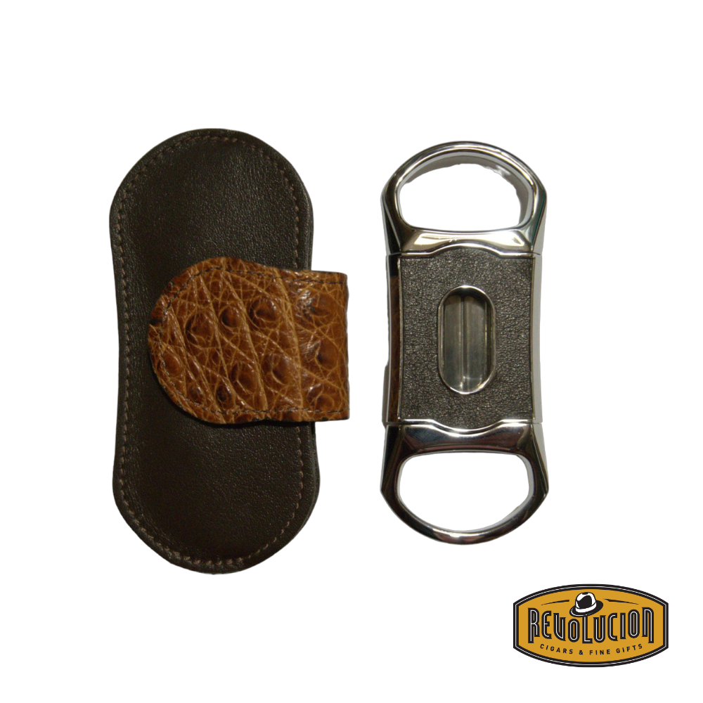 Brizard & Co. "V" Cigar Cutter - Coffee brown leather finish next to its elegant leather case, offering a sophisticated dark tone with premium craftsmanship.