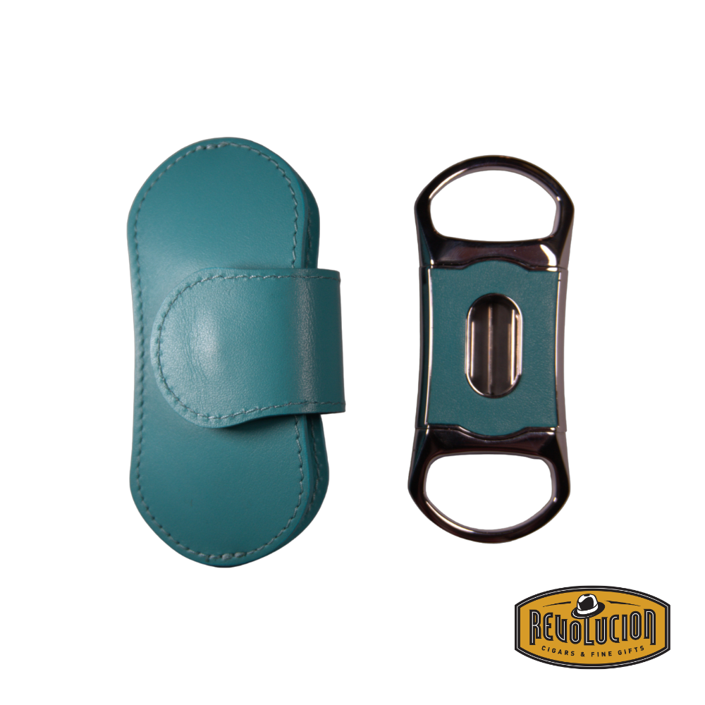 Brizard & Co. "V" Cigar Cutter - Positano Turquoise finish next to its elegant leather case, showcasing a vibrant turquoise color with a high-quality V-cut blade.