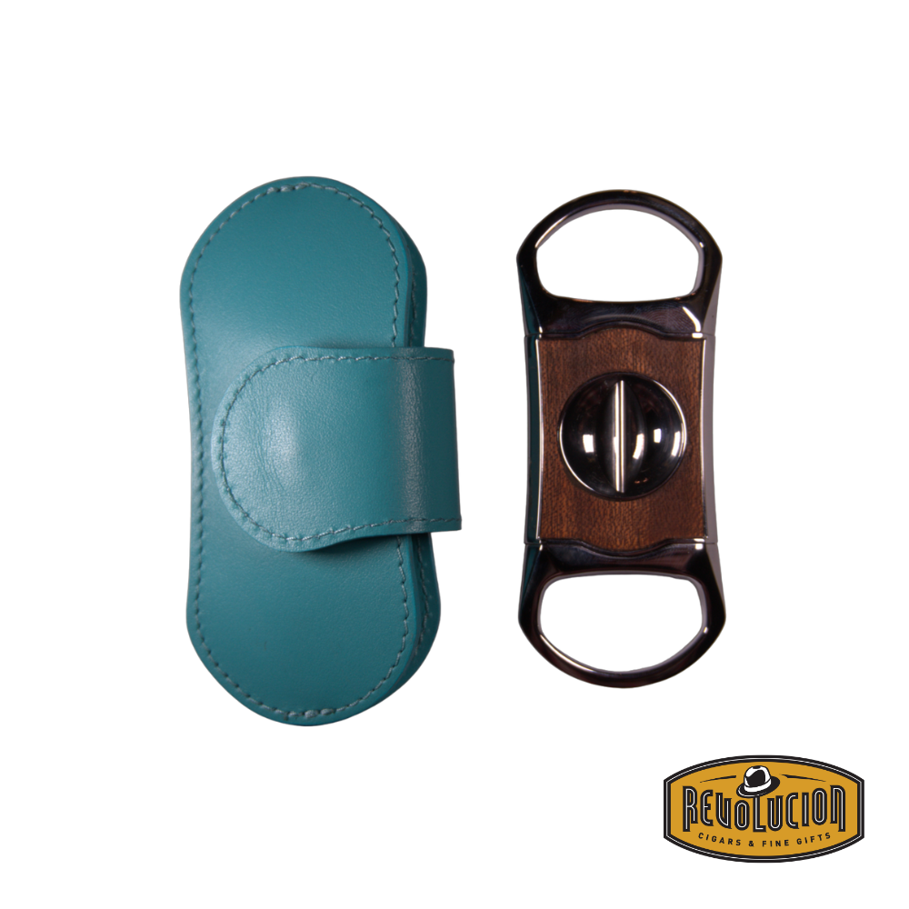 Brizard & Co. "V" Cigar Cutter - African Mahogany finish next to its elegant leather case, featuring a premium wood texture and a precision V-cut blade.