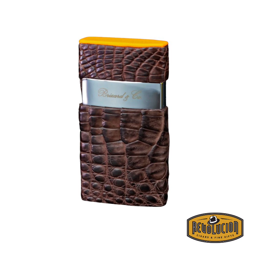 Front view of the Brizard & Co Venezia Single Flame Lighter - Genuine Caiman Tobacco & Racing Orange, showcasing its luxurious caiman leather finish and elegant craftsmanship.