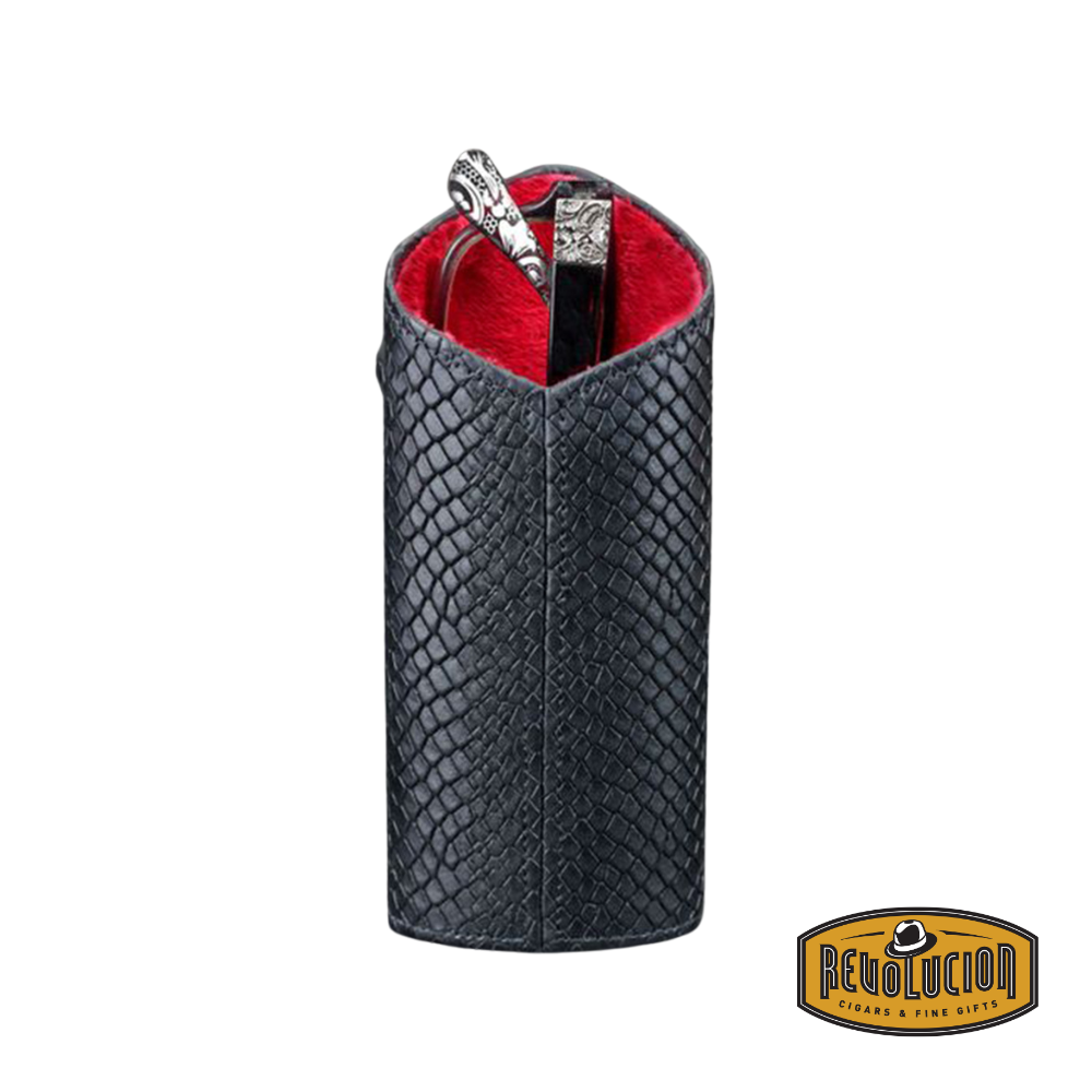 Brizard & Co The Vertical Eyewear Case in Black Python Red, featuring a luxurious textured leather exterior with a bold red interior for a stylish and protective eyewear storage solution.
