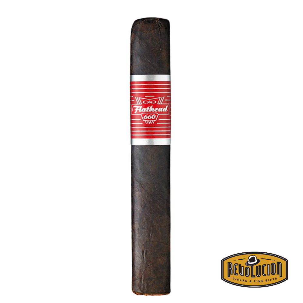 CAO Flathead Carb 660 Gordo Medium-Full Strength Nicaraguan Cigars displayed on a wooden surface with a white background, showcasing its large ring gauge and bold, industrial-inspired band.