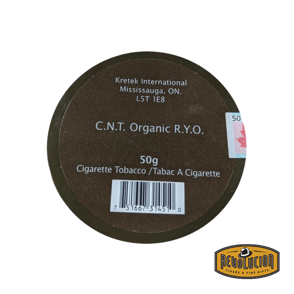 CNT RYO Organic Bold Rolling Tobacco 50g shown in its mandatory plain packaging, featuring uniform font, health warnings, and regulatory color scheme, as required by Canadian government standards.