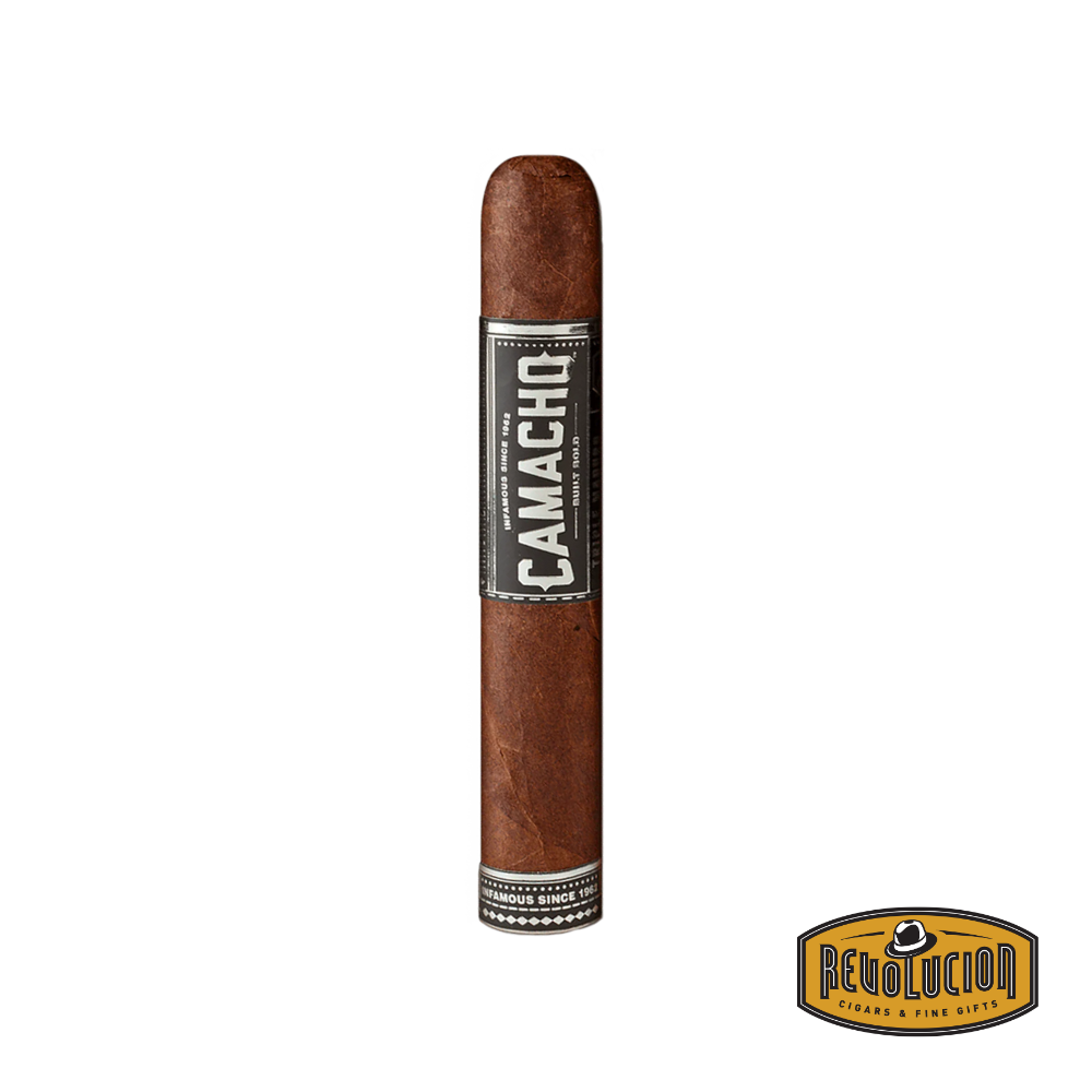 Camacho Bold Triple Maduro Robusto Full Strength Honduran Cigar on a white background with the Revolucion logo, featuring a dark, oily wrapper and bold band design.