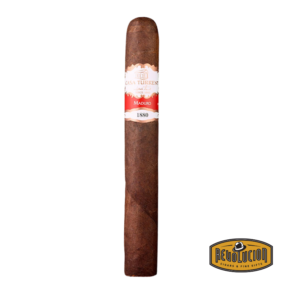 Casa Turrent 1880 Double Robusto Maduro Medium Strength Mexican Cigars featuring a dark, rich Maduro wrapper with a smooth and bold profile, displayed on a wooden surface with a white background.