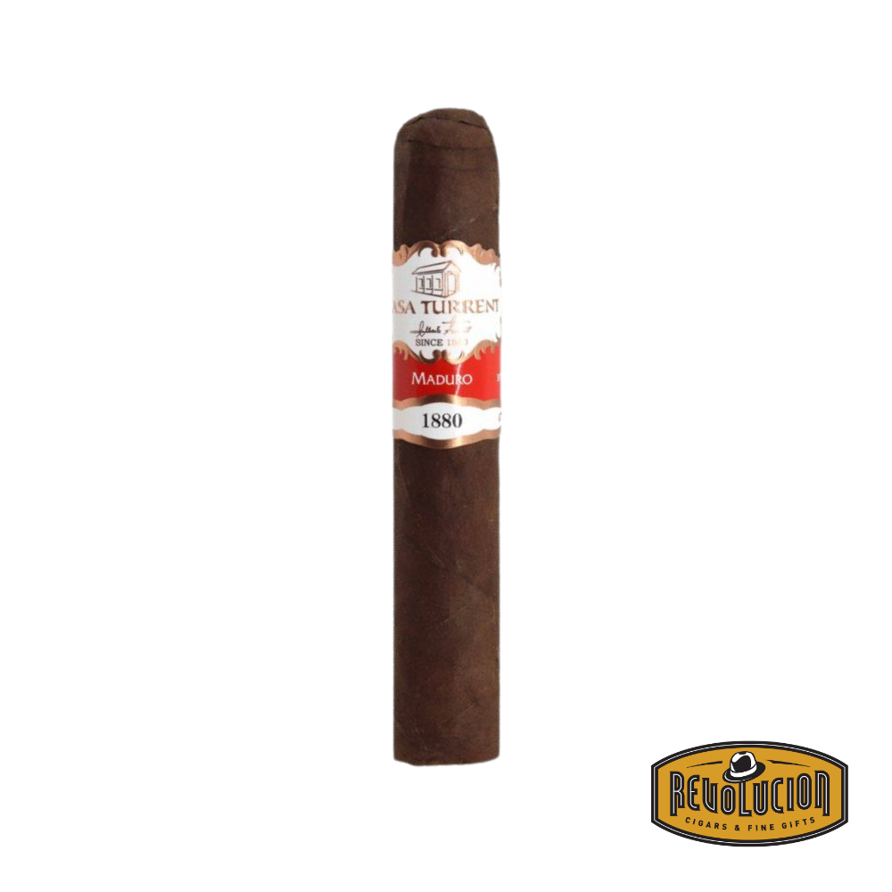 Casa Turrent 1880 Maduro Short Robusto Mexican cigar on a white background with the Revolucion logo, featuring a medium strength profile and the Casa Turrent band.