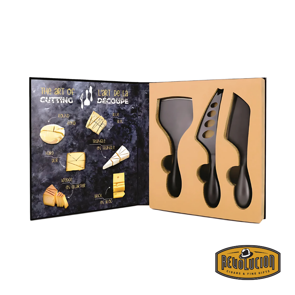 Open view of the Cheese Knife Set 3 Piece by Natural Living, showcasing three specialized black cheese knives and an illustrated guide to cutting various cheese types.