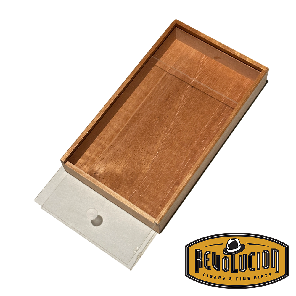 Top view of an open wooden cigar gift box designed to hold five cigars, showing its neat interior compartments and a small circular cutout for securing the cigars