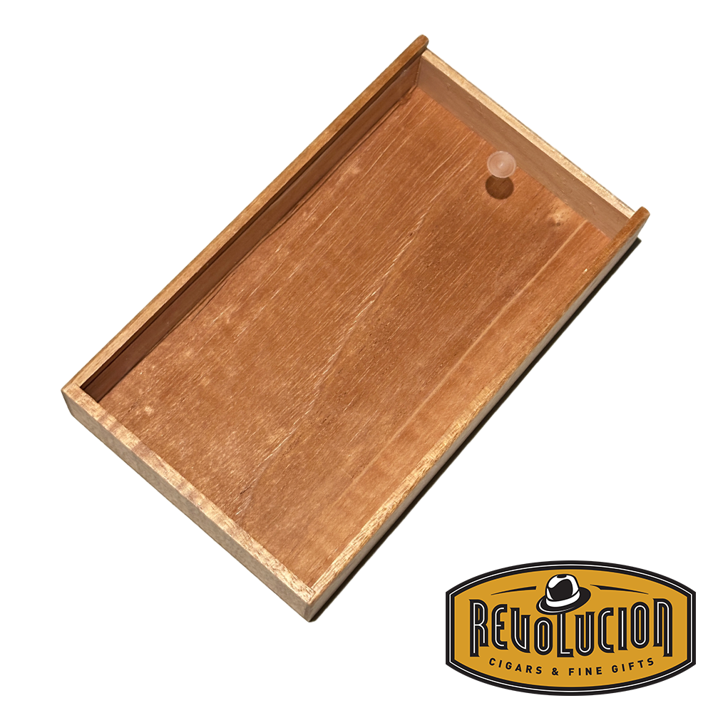 Top view of an open wooden cigar gift box designed to hold five cigars, displaying its smooth interior and a small circular cutout at one end for securing the cigars